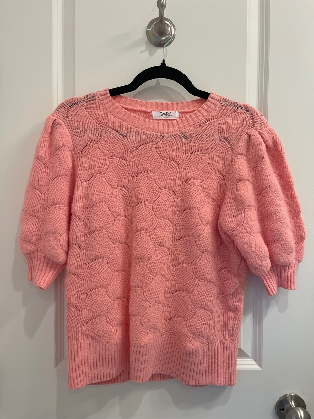 AMARA Pink Short-Sleeve Cable Knit Crew Sweater